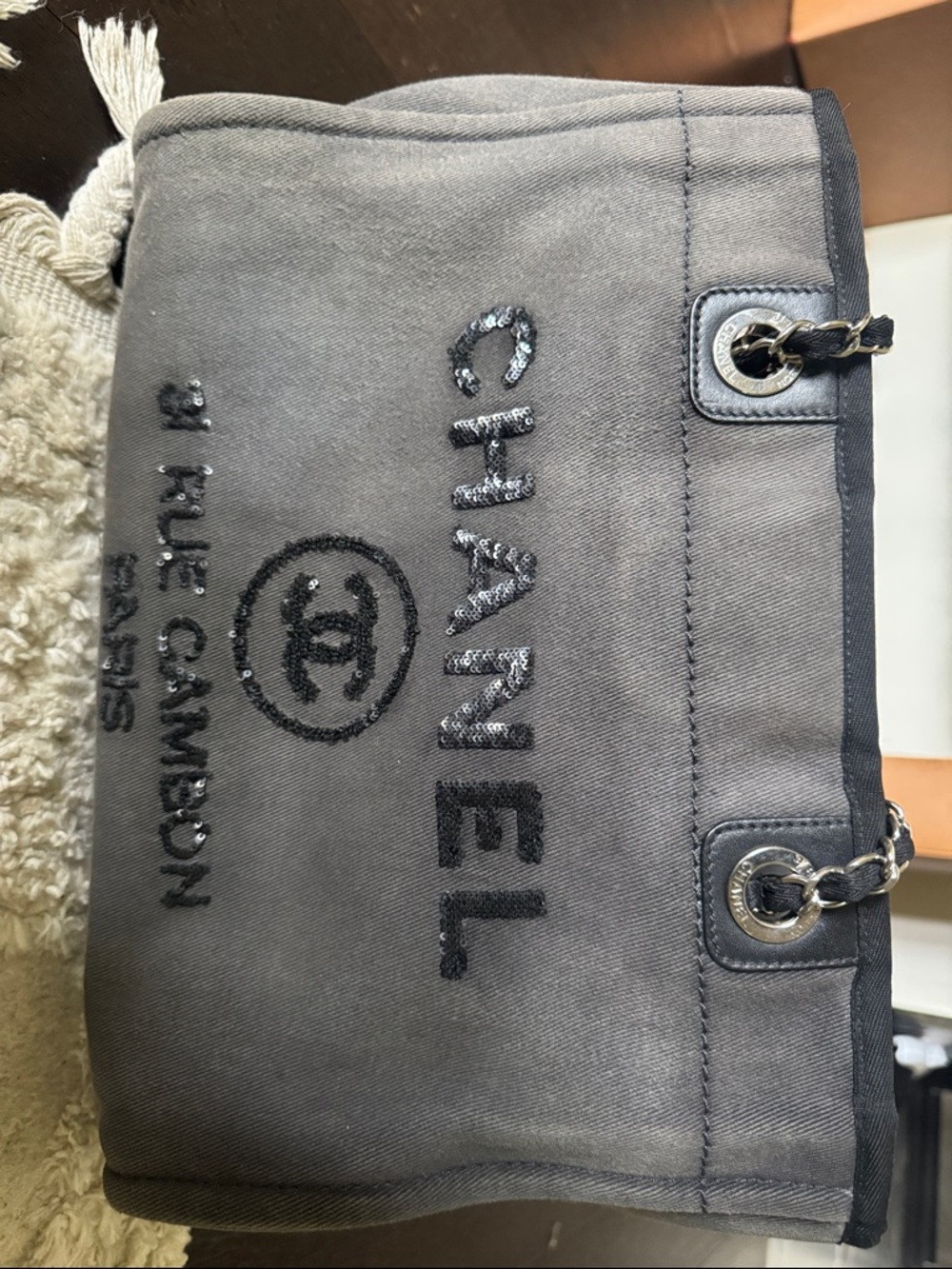 CHANEL Gray Canvas Tote with Black Embroidered Logo